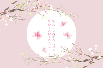 Water color pink peach blossom with green leaf and branch in botanical Chinese style in front of the moon on pale pink background illustration. Suitable for Valentine's day and wedding design element.