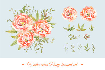 Water color pink peony with green leaf bouquet in botanical style with isolated arrangement set on blue background illustration vector. Suitable for Valentine's and wedding design elements.