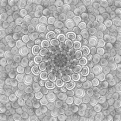 Pattern hand drawn doodles mandala. Dynamic contour repeating elements. Coloring pages for adult, children. Modern abstract spirals, swirls, line, spot. Vector cartoon black outline white background