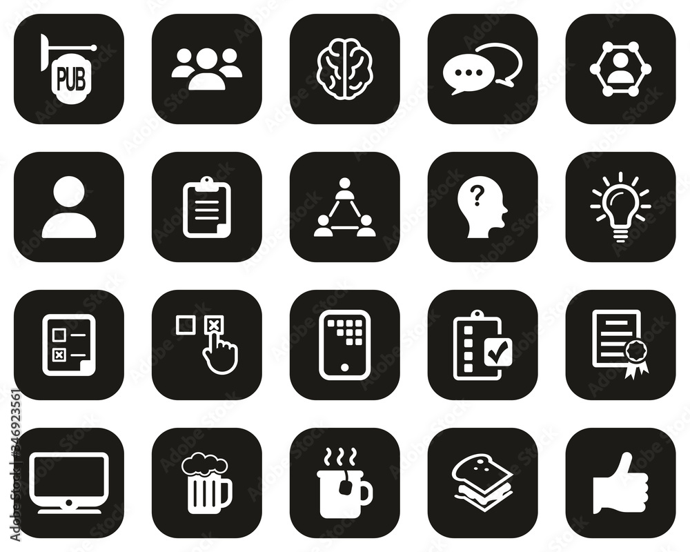 Poster Pub Quiz Or Bar Quiz Icons White On Black Flat Design Set Big