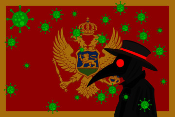 Black plague doctor surrounded by viruses with copy space with MONTENEGRO flag.