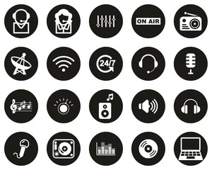Radio Station & Radio Equipment Icons White On Black Flat Design Circle Set Big