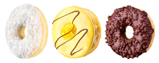 Set of glazed donuts with sprinkles on a white background
