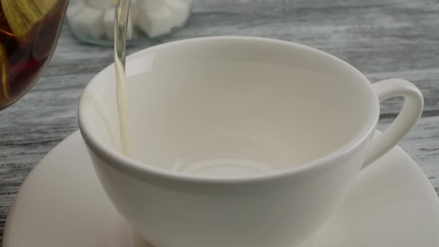 Pouring black tea into a classic white cup on a saucer. Dolly macro slow motion of red-brown golden tea.