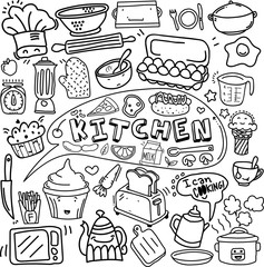 Kitchen doodle vector with the stuffs, hand made, wall art, cafe template design, restaurant wall doodle, vector food art