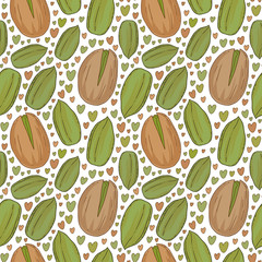 Seamless pattern with green pistachios. Vector hand drawn nuts print, wrapping paper, kitchen textile and packaging design.