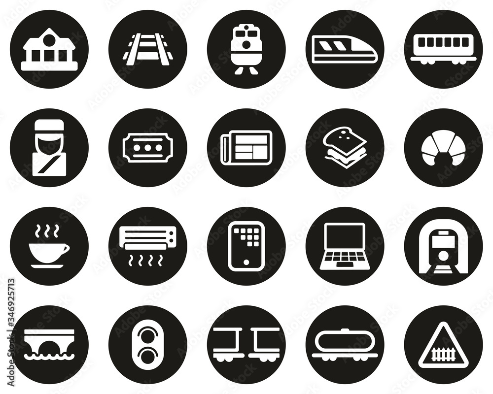 Poster Railroad Travel & Cargo Transportation Icons White On Black Flat Design Circle Set Big