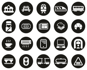 Railroad Travel & Cargo Transportation Icons White On Black Flat Design Circle Set Big