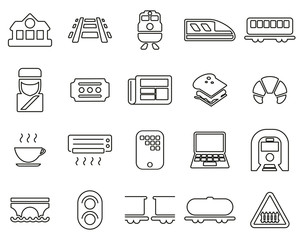 Railroad Travel & Cargo Transportation Icons Black & White Thin Line Set Big