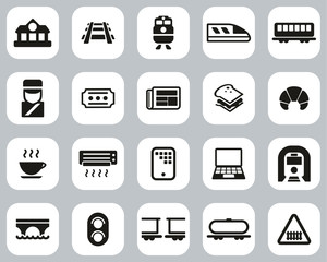 Railroad Travel & Cargo Transportation Icons Black & White Flat Design Set Big