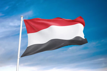 Fototapeta na wymiar Yemen flag waving sky background 3D illustration