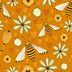 Pattern with bees, honey dipper and flowers for honey design. Seamless vector background. Wrapping paper for homemade products. Summer print for jam packaging.