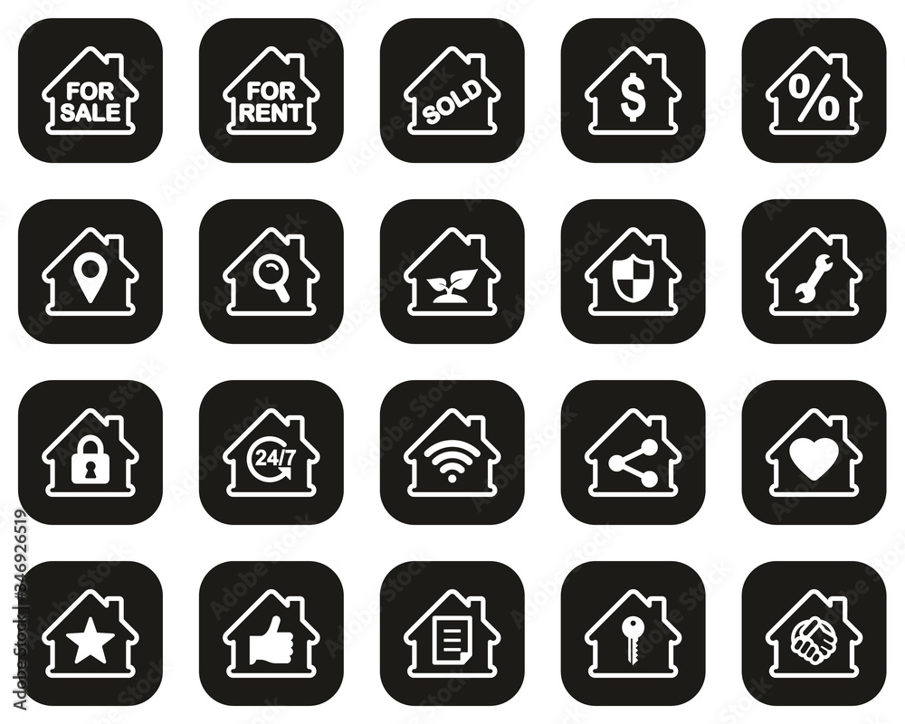 Sticker Real Estate Icons White On Black Flat Design Set Big