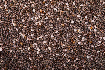 Organic dry Chia seeds (Salvia Hispanica seeds) background. Top view. Healthy diet, superfood and supplement concept