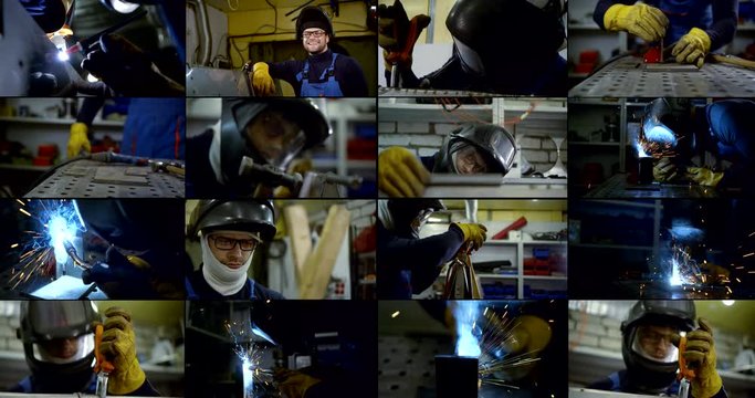 Collage close-up of a smiling male welder in a hard hat and glasses, protective suit and gloves, who is engaged in conventional and argon welding. There is a selection of parts, welding on metal.