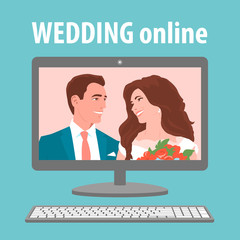 Wedding with the bride and groom online with a computer in quarantine. Happy newlyweds on display by video calling. Vector illustration.