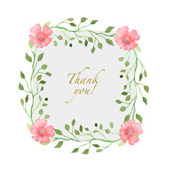 Watercolor illustration of a wreath of green leaves and pink flowers. Hand-drawn with watercolors and is suitable for all types of design and printing.