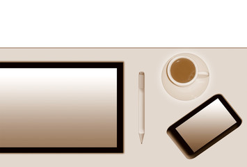 Tableta, smartphone, lápiz digital y taza con café. Fondo color sepia.