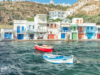 Klima Fishing Village with bright coloured wooden doors - Milos Island - Greece