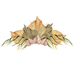 Watercolor boho bouquet of dried flowers and tropical palm leaf. Summer bohemian composition.  Modern arrangements of leaves and branches.