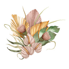 Watercolor boho bouquet of dried flowers and tropical palm leaf. Summer modern arrangements of leaves and branches. Bohemian composition.
