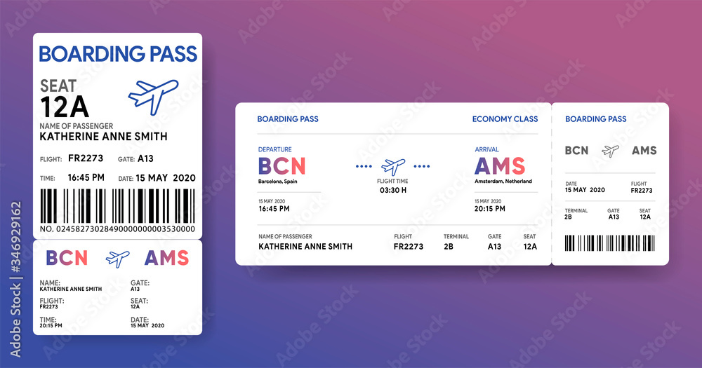Wall mural paper and mobile boarding pass. responsive design of air ticket. airline data card mockup. flight ch