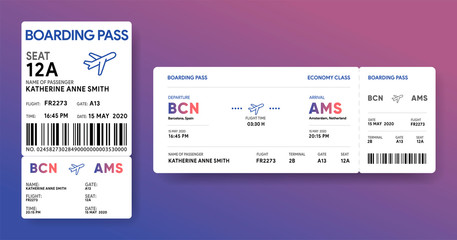 Paper and mobile boarding pass. Responsive design of air ticket. Airline data card mockup. Flight check-in document template. Vector illustration.