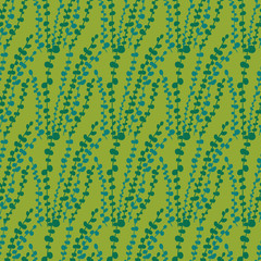 Herbs on green background. Vector seamless pattern. Cartoon doodle style. Simple design for wallpaper, fabric, textile.