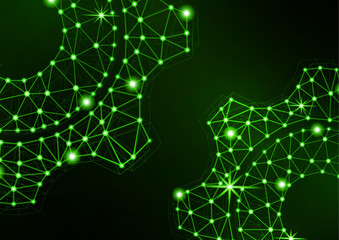 Glowing gear icon with glare effect on a black background with backlight. Grid gear icon shiny polygon mesh frame. Vector.