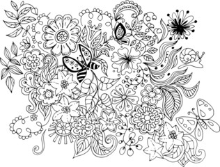 Flowers leaves berries butterflies stylized graphic illustration hand-drawn. Folk traditional motives ornament pattern. Print textile black and white graphics
