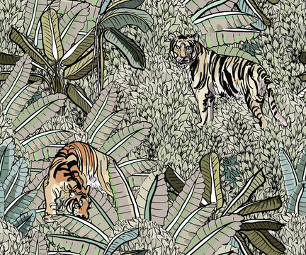 Seamless Pattern Tigers in India Jungle Bushes with Palms in Nude Colors, Hidden Animals in Mountain Exotic Plants, Hand drawn Outline Illustration, Oriental Wallpaper