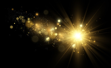 Golden bright star. Light effect bright star. Beautiful light to illustrate. Christmas star White sparks sparkle with a special light. Vector sparkles on transparent background.