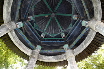 View under the roof of a Chinese wooden gazebo