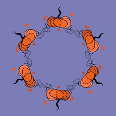 Vector frame of orange pumpkins on a purple background. A frame of orange pumpkins and a pattern of linear pumpkins on a purple background. Frame of pumpkins for Halloween