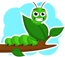 A caterpillar smiles and eats a green leaf on a white. Character