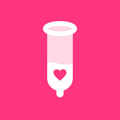 Sperm in the condom with pink heart sign. Couple sex. Love relationship. Valentine's Day.