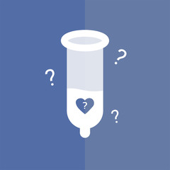 Sperm in the condom with confusion heart sign and question marks. The concept of one night stands sex. In a complicated relationship.