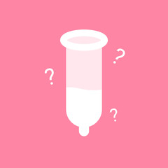 Condom with sperm inside it with question marks around it on pink background. Concept of identify sperm, Detecting sperm. Sperm quality.