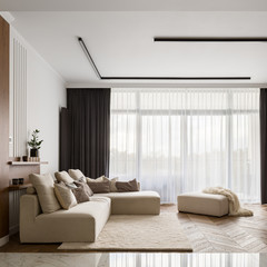 Living room with beige corner sofa