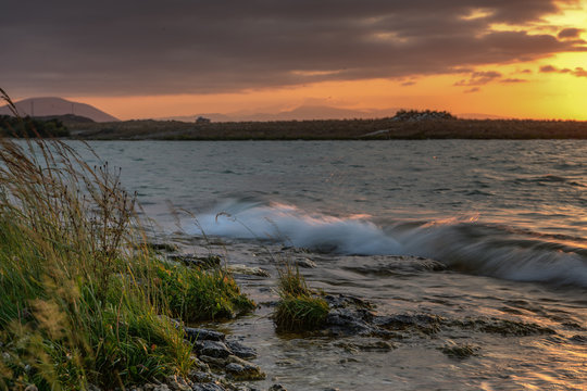 Waves on the sunset. Sevan lake, Armenia