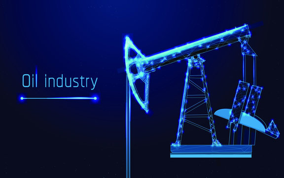 Oilfield equipment.Oil pump low poly wireframe art on blue background. . Oil rig. Industrial equipment. Polygonal illustration with connected dots and lines. 3D vector  ,mesh,plexsus