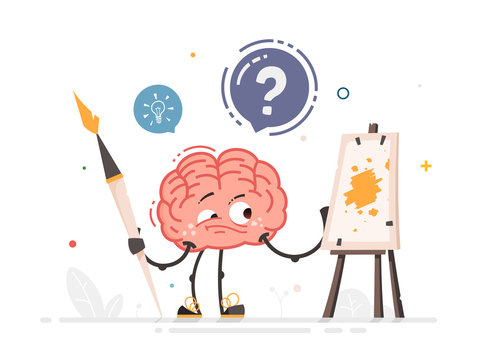 Vector Brain character with big art brush standing near easel making art