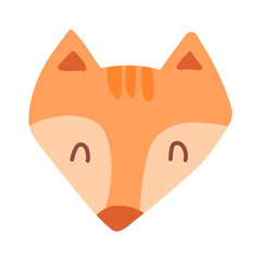 Little red fox face isolated on white background. Cute print for the design of toys, clothes, shoes, goods for children. Wild animal in the Scandinavian stele. Cartoon fox in a flat style.