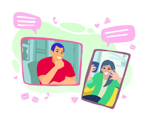 Young man and woman socializing and chatting online through gadgets.
