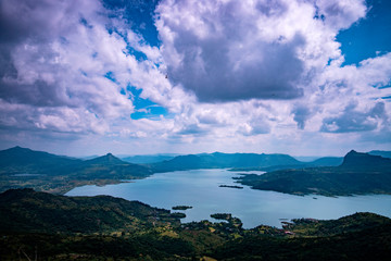 hils and view of pavna lake from lohagarh fort in lonavla maharashtra