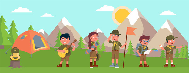 Obraz na płótnie Canvas Happy scout children group in forest summer camp