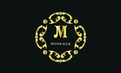 Vintage floral monogram with the letter M. Exquisite gold three-dimensional logo. Luxury frame for business sign, label, boutique brand, hotel, restaurant, heraldry.