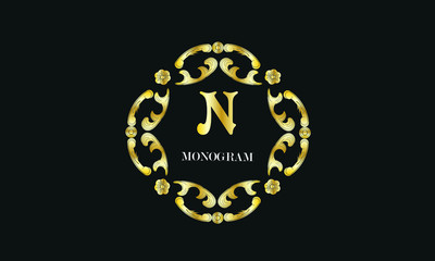 Vintage floral monogram with the letter N. Exquisite gold three-dimensional logo. Luxury frame for business sign, label, boutique brand, hotel, restaurant, heraldry.