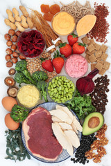 Super food for vitality, energy & fitness with meat, fruit, vegetables, nuts, grains, cereal, dairy, herbs & legumes. Foods high in vitamins, minerals antioxidants, smart carbs, protein & omega 3.