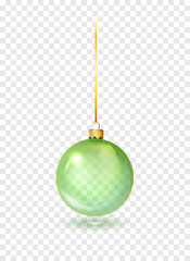 Green Christmas glass toys on a transparent background. Christmas ball hanging on gold string. Template shiny toy. Vector glass xmas bauble template. Isolated object